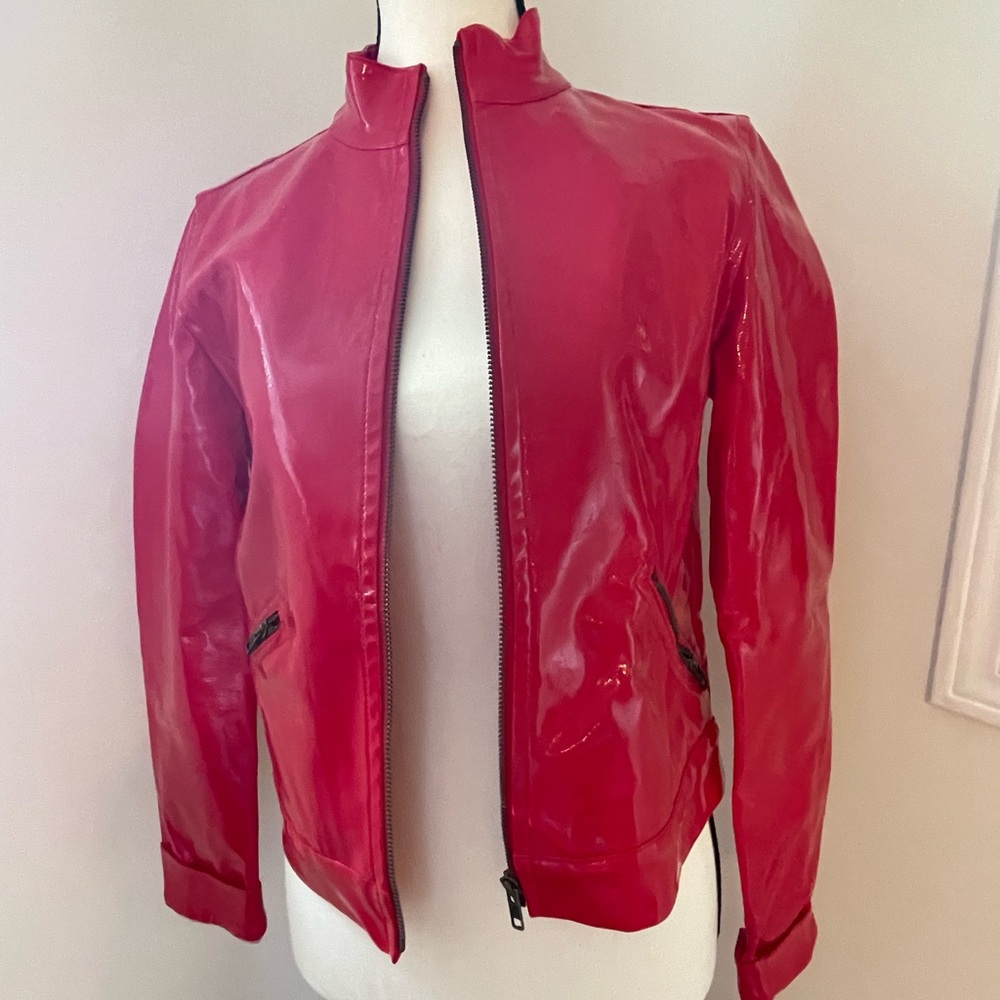 Like new- candy apple red patent Zara bomber jacket